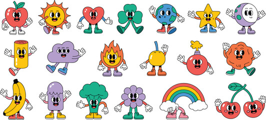Obraz premium Cartoon character set, fruit, object, symbol, colorful mascots, smiling faces, kids illustration, educational design, vector art, isolated, fun