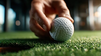 A close-up view of a golfer's hand positioning a white golf ball on the green, capturing the moment before a shot, representing precision and focus essential to the sport.
