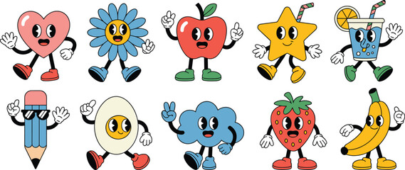 Obraz premium Cartoon character set, heart, flower, fruit, cloud, pencil, egg, banana, cheerful icons, kids design, vector, isolated, fun