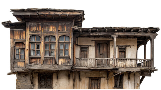 Ancient architectural detail of a weathered wooden house with intricate carvings and worn balcony structure. - Powered by Adobe