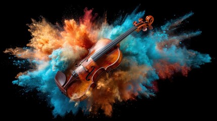 Fototapeta premium A beautifully crafted violin is placed against a striking explosion of color powder, representing the artistic fusion of music and visual aesthetics in a dynamic display.