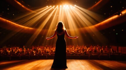 A captivating performer stands tall on an illuminated stage, radiating confidence and engaging an audience in a vibrant theater atmosphere filled with energy and excitement.