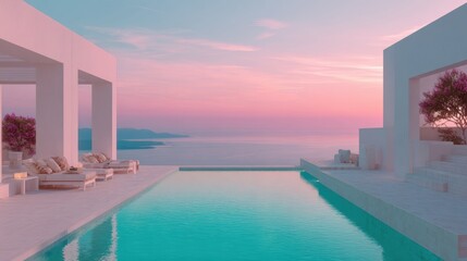 Obraz premium Infinity Pool With Turquoise Water and White Lines Under Pastel Sky at a Wellness Retreat Location