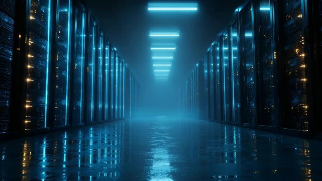 A dimly lit server room with rows of black server racks glowing blue, A dark server room with multiple black server racks