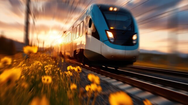 A dynamic image of a sleek train racing past vibrant flower fields during sunset, embodying motion, travel, and the connection between nature and technology.