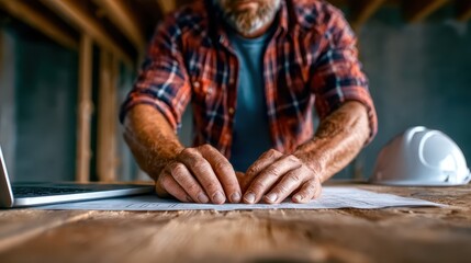 A detailed view of a builder inspecting architectural plans on a wooden table, showcasing dedication, focus, and craftsmanship in the construction process.