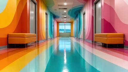 A vibrant hallway adorned with flowing abstract patterns and bright colors, creating an energetic ambiance that inspires creativity and optimism in visitor's journey.