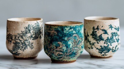 Three uniquely designed ceramic cups with blue and green floral patterns on a gray surface are beautifully arranged together