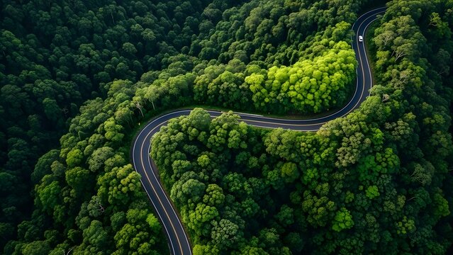 Winding road through lush green forest from above