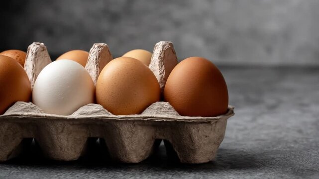 A gray carton of brown and white eggs rests on a dark, textured surface. under soft, warm lighting!