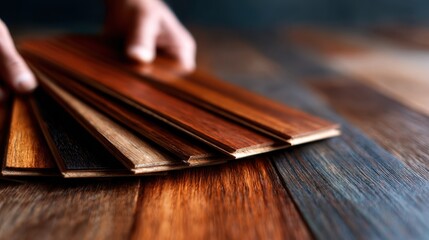 A close-up of various wood samples being held, each displaying different finishes and colors, perfect for showcasing the beauty and diversity of wooden flooring options.