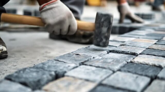 Close-up of a gloved hand wielding a hammer over newly laid stone pavers in a grid, dust rising now