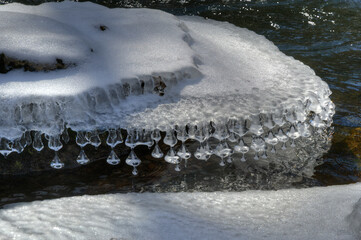 A natural winter scene featuring a row of teardrop-shaped icicles hanging from a snow-covered surface above a body of water. Some of the frozen forms display dark inclusions or reflections 