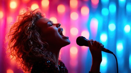 A woman passionately sings into a microphone, silhouette illuminated by colorful stage lights, conveying the electrifying atmosphere of a live performance and artistic expression.