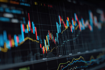 Abstract financial stock market chart with red and blue candlesticks on a dark background. Close-up view of a digital trading screen displaying candlestick charts and line graphs.