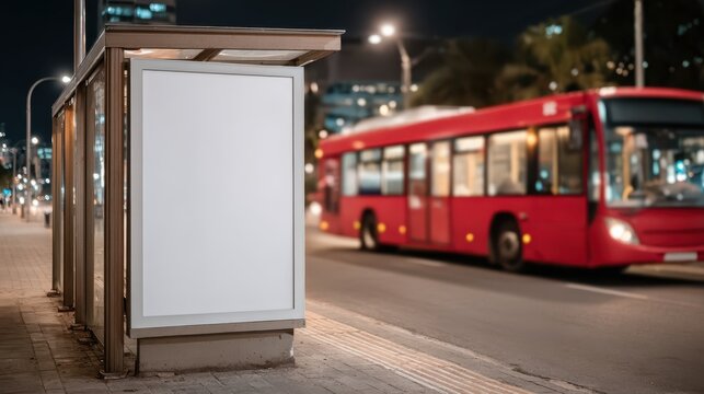 Fototapeta A bus stop at night features a blank billboard, inviting creative advertising opportunities, while a city bus passes by, highlighting urban transport dynamics.