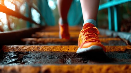 Fototapeta premium This dynamic image showcases a runner descending an inviting, colorful staircase, symbolizing movement, vitality, and the journey toward personal goals and health.