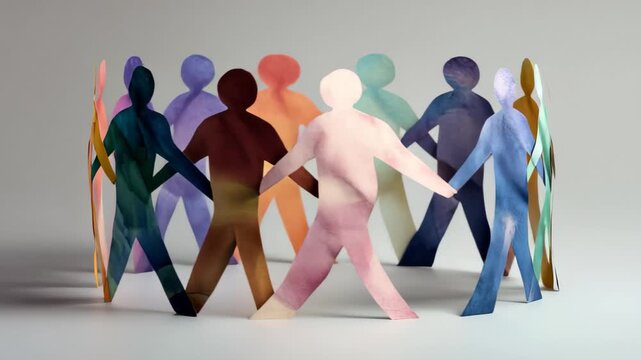 A group of paper people coming together, A diverse group of paper cutout figures standing together