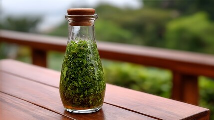 Fototapeta premium Glass bottle filled with chopped fresh green herbs and liquid dressing on a wooden table with a blurred natural background