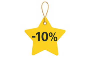 Yellow star price tag displaying a minus 10 percent discount, offering promotion for shopping and retail sales