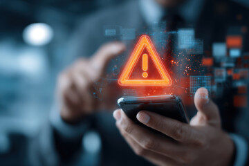 Digital warning sign alert on smartphone screen, cybersecurity threat notification concept. signifying a digital alert or security breach.