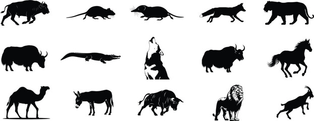 Naklejka premium Collection of black silhouettes of various wild and domesticated animals