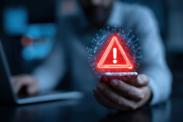 Digital warning sign for coronavirus alert on smartphone screen with virus illustration. symbolizing a health alert or danger related to the virus.