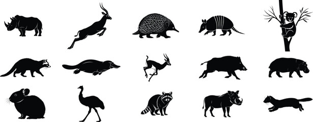 Obraz premium Collection of black silhouettes of various wild animals