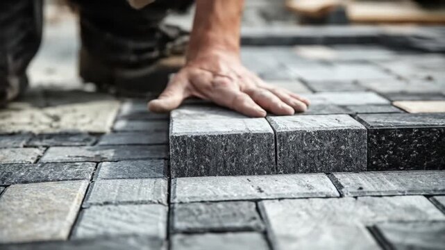 Close-up of a worker pressing gray pavers into a neat grid, shaping a new walkway. with steady hands