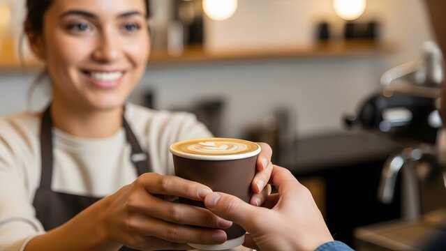 Barista is serving a cup of coffee to customer in cafe 