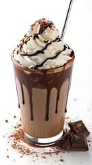 A decadent chocolate milkshake topped with whipped cream and chocolate sauce