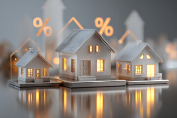 Miniature houses with glowing windows and percentage signs indicating real estate market trends. Conceptual representation of housing market dynamics, including interest rates and property values.