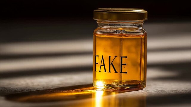 A jar labeled 'fake' filled with a honey-like substance, A jar labeled 'fake' filled with a viscous, honey-like substance