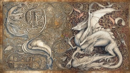 Fantasy dragons intertwined with ornate, decorative flourishes