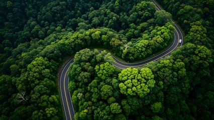 Winding road through lush green forest from above