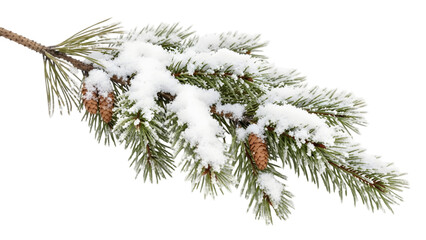 Snow-covered pine branch with cones in a winter setting