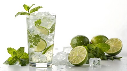Fototapeta premium A refreshing mojito cocktail with fresh lime slices and mint leaves on a white background