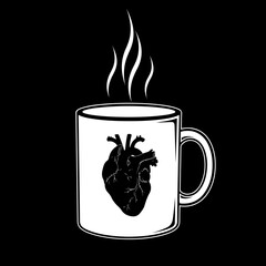 Black and white illustration of a steaming hot coffee mug featuring a realistic anatomical human heart design on the side, perfect for coffee lovers, medical professionals, or dark aesthetic themes