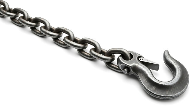 A close-up view of a metal chain with a hook on a white background