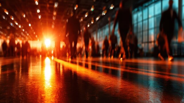 A dynamic scene of a blurred crowd moving towards golden sunlight streaming through a large window, capturing the essence of momentum and connection in a bustling environment.