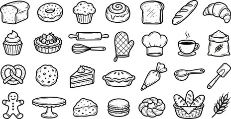 Hand drawn black and white icons set representing various delicious baked goods and essential kitchen tools