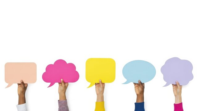 Five diverse hands holding colorful speech bubbles isolated on white background - Powered by Adobe
