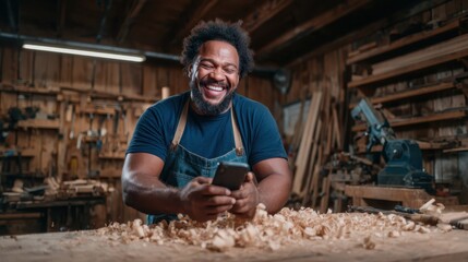 A joyful craftsman in a woodshop smiles while holding a smartphone, surrounded by wood shavings and tools, showcasing the passion and fulfillment found in creative craftsmanship.