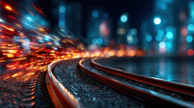 A vibrant and dynamic image showcasing city train tracks illuminated by lights, capturing the essence of urban movement and the energy of city life at night.