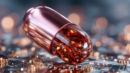 A striking image of a glossy red capsule resting on a circuit board, symbolizing the intersection of health and technology in modern medicine and innovation.