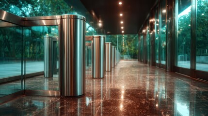 A sleek, modern entryway features metallic turnstiles surrounded by transparent glass walls and lush greenery, creating a unique blend of nature and architecture.