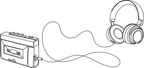continuous line drawing of portable cassette player with stereo headphones, line art vector illustration