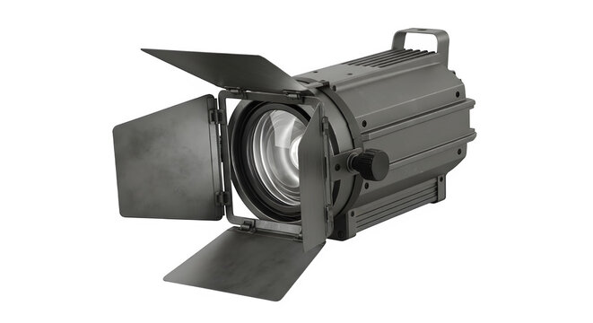 Professional led stage spotlight fixture with barn doors for theater and film production isolated on transparent background