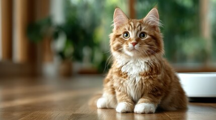 Naklejka na ściany i meble A cute orange tabby cat rests calmly on a wooden floor in a cozy home environment, showcasing the warmth and companionship pets bring to our lives.