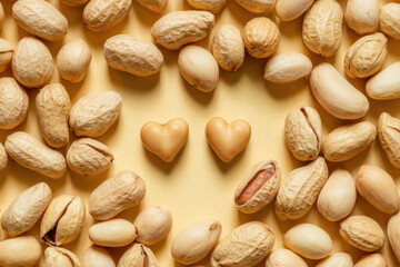 Two heart-shaped candies nestled among a pile of shelled and unshelled peanuts. A delightful arrangement of roasted peanuts surrounds two charming heart-shaped candies.